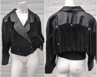 Vintage Black Cropped Leather Jacket w Fringe || 1970's Cropped Moto Jacket || Women's Western Leather Coat w Fringe, S/XS