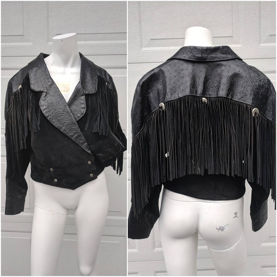 Vintage Black Cropped Leather Jacket W Fringe || 1970's