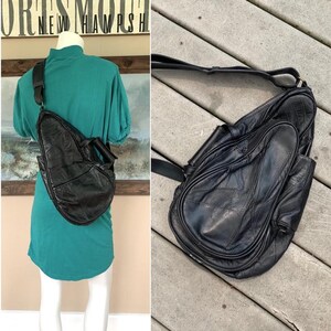 Vintage 90’s Black Leather Triangle Backpack || 1990's Grunge Leather Crossbody Bag