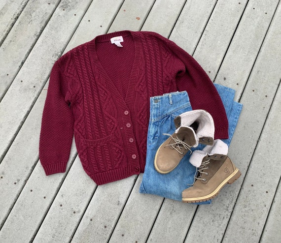 Vintage Maroon Chunky Knit Cardigan || 1990’s Over