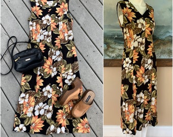 Vintage 90’s Black & Orange Floral Print Slip Dress || Button Front Sleeveless Maxi Dress , M