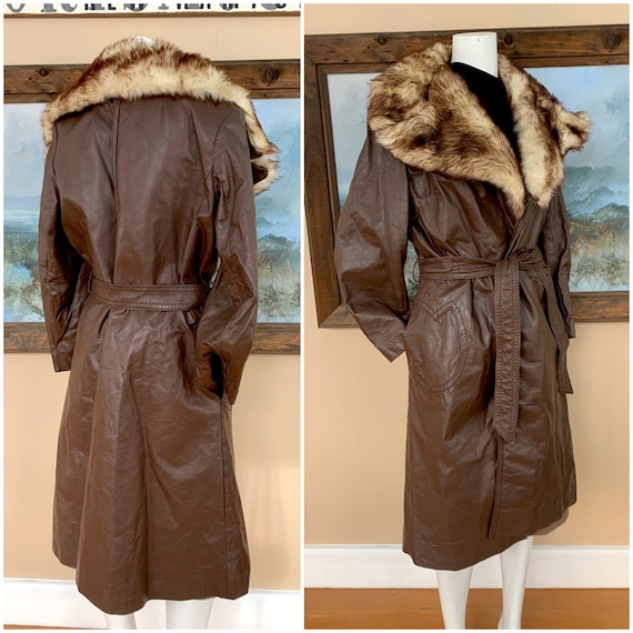 Vintage 1970 s Brown Leather Jacket W Fur Collar Fur Lined Leather Trench Coat S M Etsy