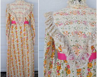 Vintage 1970's Floral Gunne Sax Dress || VTG 70's Boho, Long Sleeve Prairie Maxi Dress w Lace Collar