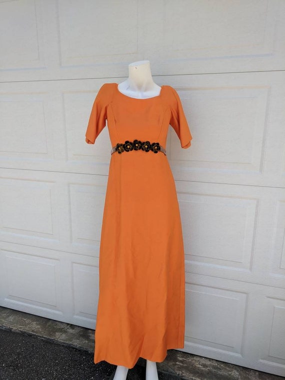 Vintage 1970's Orange Maxi Gown w Fabric Flower D… - image 3