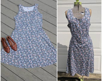 90's Vintage Floral Midi/Skater Dress w Buttons, L/XL