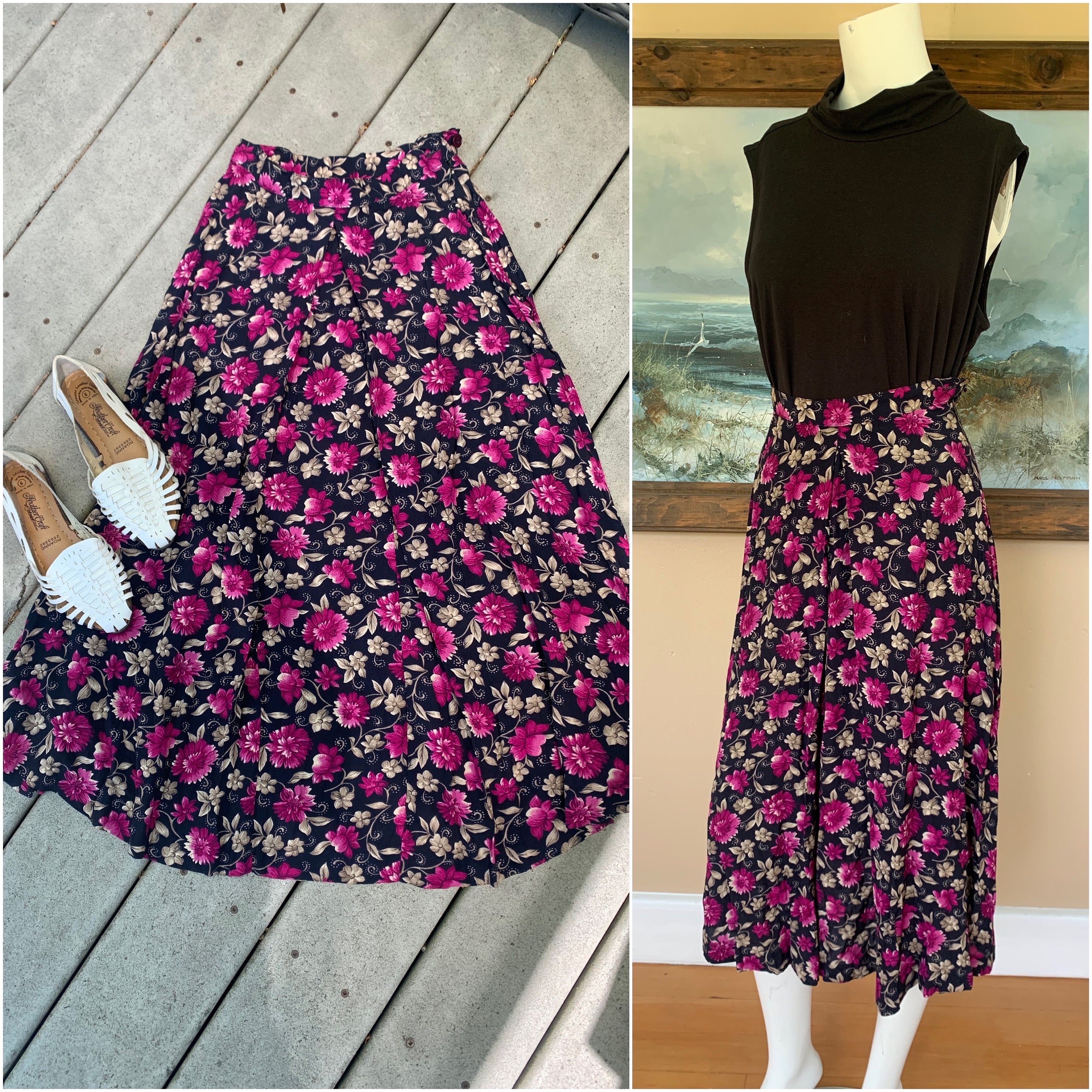 Vintage 90's Purple Floral A-line Skirt || High Waisted A