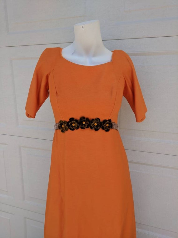 Vintage 1970's Orange Maxi Gown w Fabric Flower D… - image 2