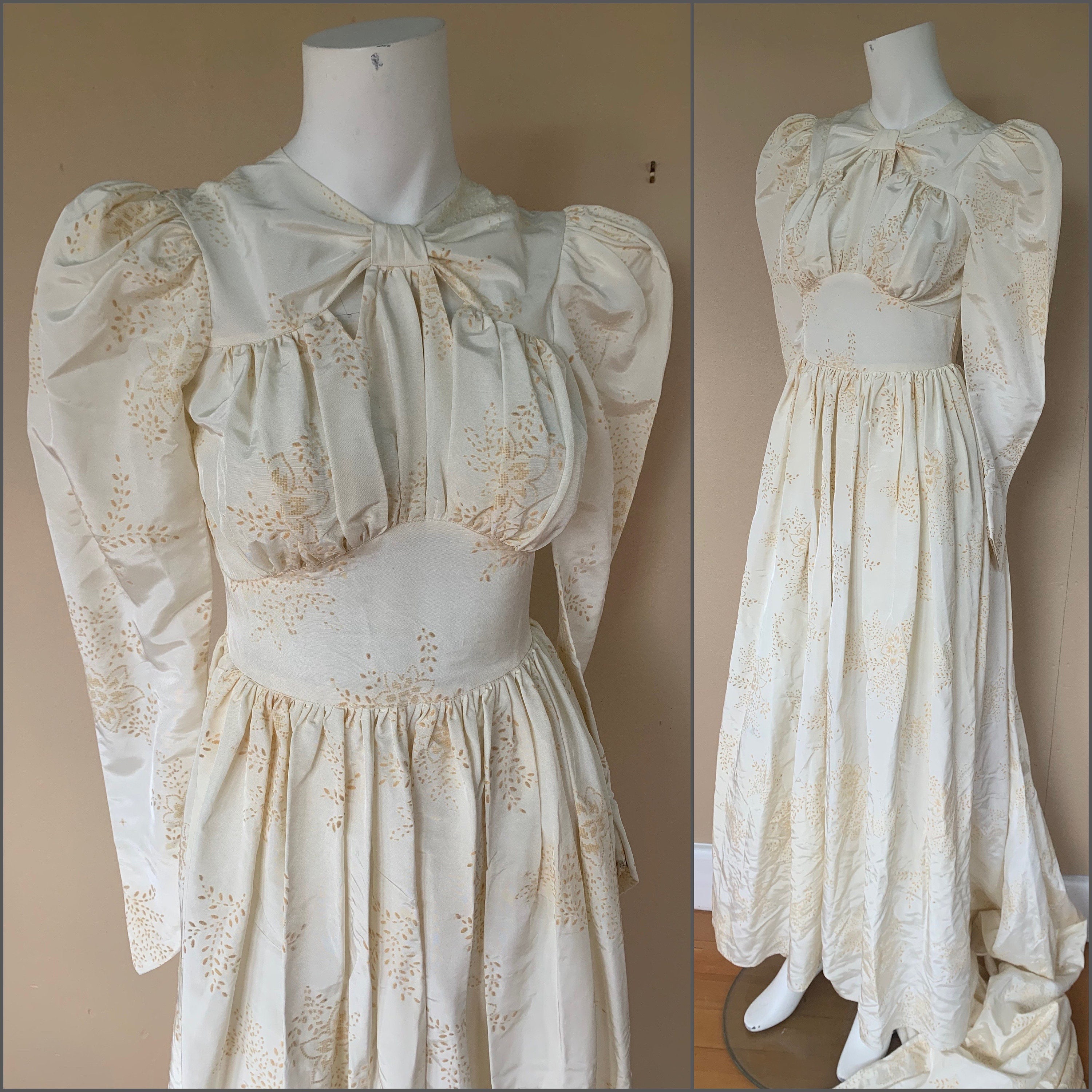 Vintage 1960's Dainty Floral Boho A-line Wedding Gown || Vintage 1970's Gunne Saxx Cream Puff Sleeve, Wedding Dress w/ Long Train, XXS/XS