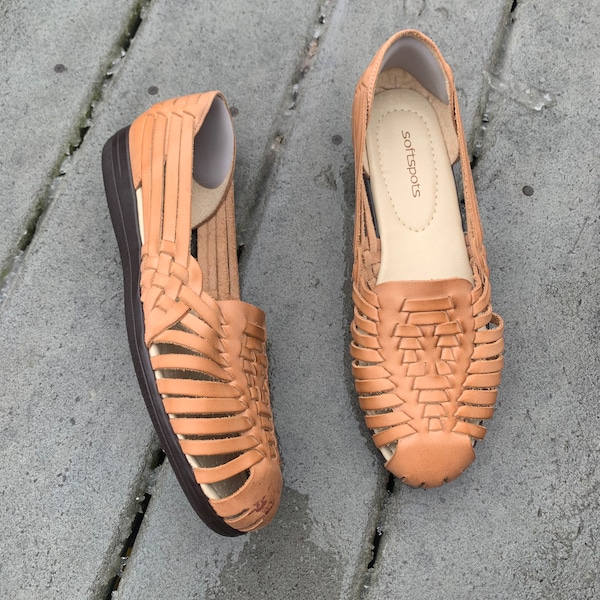 Vintage Brown Huaraches || Tan Woven Leather Slip-On Sandals, 8.5/9