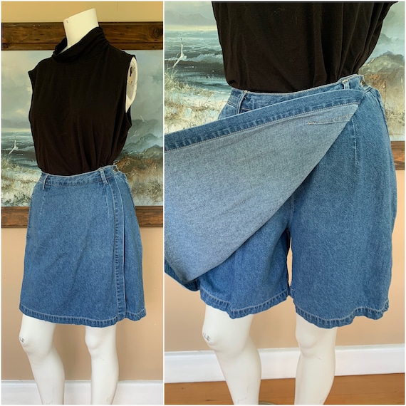 Vintage 90’s Denim Skort Shorts w Pockets, 27” - image 2