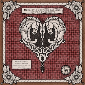 May include: A digital art piece featuring a heart-shaped design with two stylized horses, intricate knotwork, and the text "Realistic Leather Tooling Kit for Procreate." The background is a woven red pattern, framed by a brown border with floral accents.