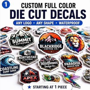 May include: A collection of custom full-color die-cut decals featuring various logos and shapes, including mountain, lion, wave, and hummingbird designs. Text includes "SUMMIT OUTDOORS," "BLACKRIDGE COFFEE CO.," "COASTLINE SURF SHOP," and "APEX FITNESS."