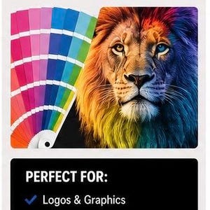 Op de afbeelding: Een levendige afbeelding met een kleurrijke leeuwenillustratie met een regenboogkleurige manen en een kleurenwaaier. Tekst luidt "VIBRANT FULL COLOR PRINTING" en "PERFECT FOR: Logos & Graphics, Business Branding, Vehicle Doors, Trailers & More!"