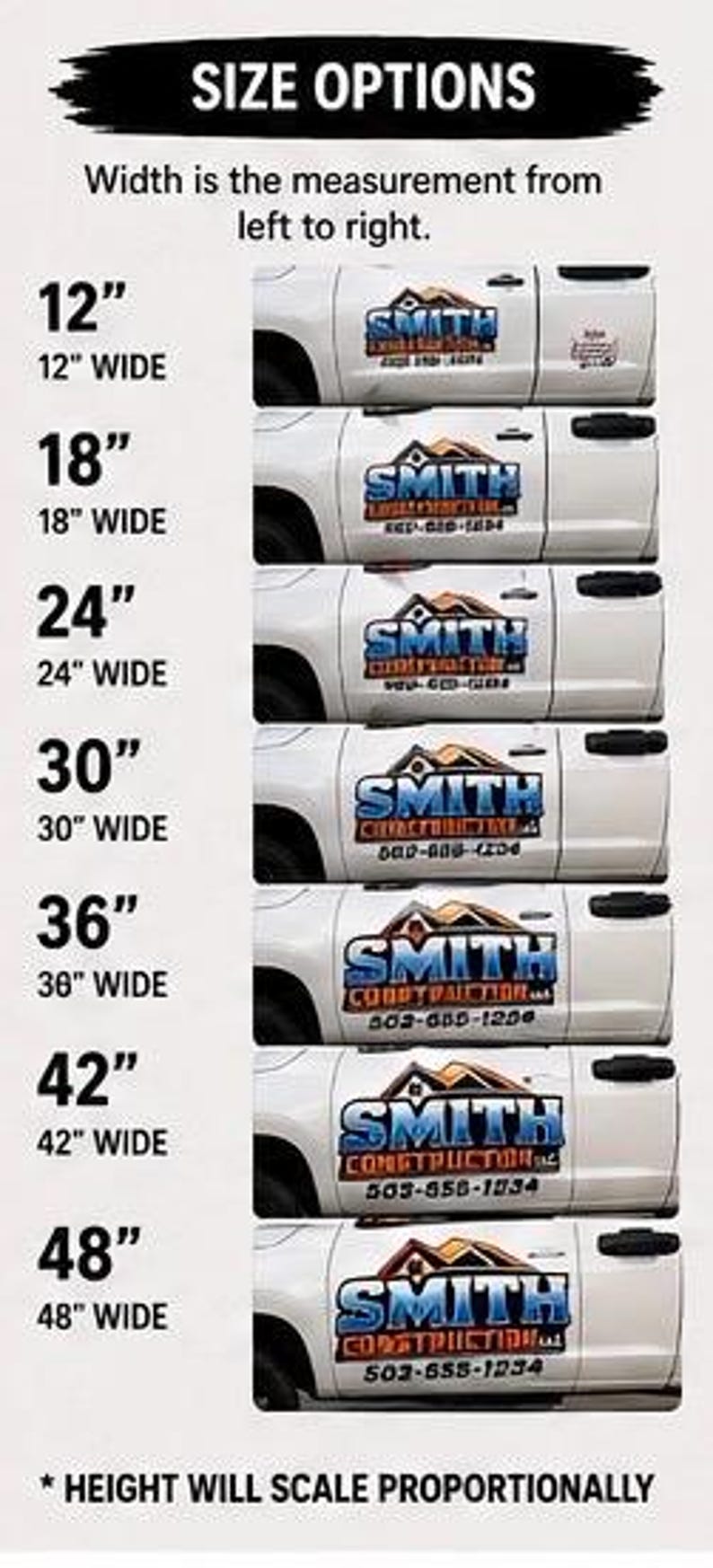 Op de afbeelding: Witte vrachtwagendeurstickers met het "Smith Construction" logo in blauw, oranje en wit. Maatopties vari&euml;rend van 30.5 cm tot 122 cm breed. De tekst bevat "Maatopties" en "Breedte is de meting van links naar rechts."