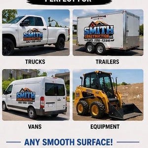 Op de afbeelding: Afbeelding met voorbeelden van voertuigbelettering aangebracht op vrachtwagens, aanhangwagens, bestelwagens en apparatuur. De tekst "PERFECT FOR" staat bovenaan, met de woorden "ANY SMOOTH SURFACE!" onderaan. Het Smith Construction-logo wordt weergegeven.