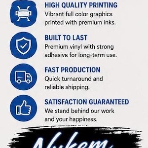 Op de afbeelding: Een promotionele afbeelding met de tekst "WAAROM VOOR ONS KIEZEN?" in een zwarte penseelstreek. De afbeelding benadrukt hoogwaardig printen, duurzaam vinyl, snelle productie en tevredenheidsgarantie. Het Nukem Graphics-logo staat onderaan.