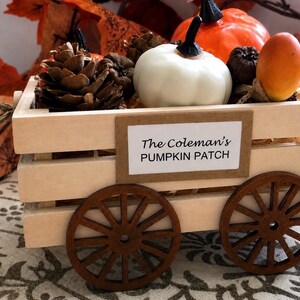 May include: A small wooden wagon with four dark brown wheels, filled with pinecones, a white pumpkin, an orange pumpkin, and a small gourd. A rectangular label on the side features the text: The Coleman's PUMPKIN PATCH in black lettering.