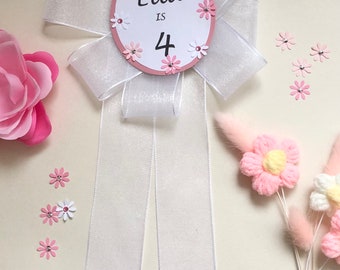 Personalised Birthday Rosette Any Name & Number Birthday Girl Pink and White Flowers