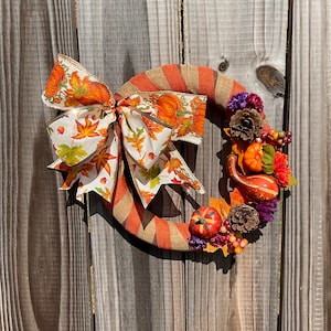 Small Fall Wreath, Ribbon Wrapped Wreath, Indoor Fall Wreath