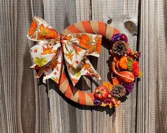 Small Fall Wreath, Ribbon Wrapped Wreath, Indoor Fall Wreath