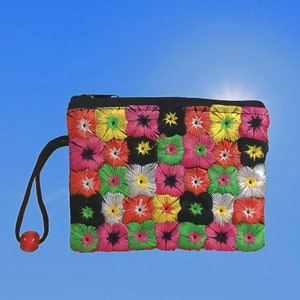 Vietnamien fait à la main fleur colorée brodée mini porte-monnaie pochette portefeuille