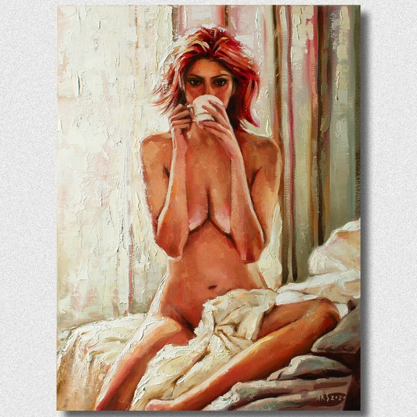 BUT FIRST COFFEE - Elegant Seduction: Original Oil Painting of Beautiful Blonde Girl in Boudoir with a cup of Coffee