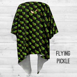 May include: A black kimono with a green pickle print. The text "FLYING PICKLE" is printed on the bottom right corner of the image.