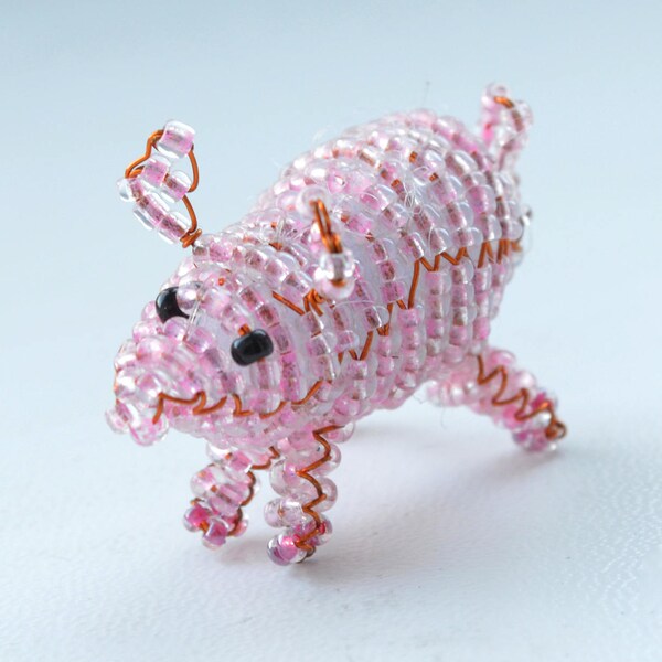 Handmade beaded miniature pink pig souvenir trinket