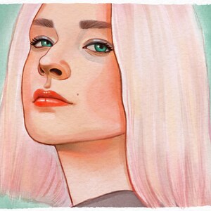 May include: A watercolor painting of a woman with short, light pink hair. She has green eyes and is looking to the side. The background is a light green color.