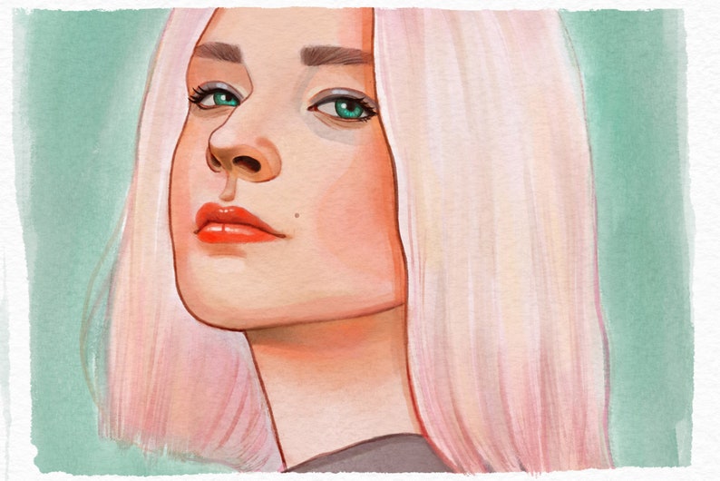 May include: A watercolor painting of a woman with short, light pink hair. She has green eyes and is looking to the side. The background is a light green color.