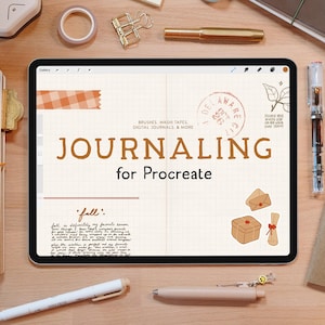 May include: A digital tablet displaying a screen with the text "Journaling for Procreate" and a handwritten note that says "fall: Fall is definitely my favorite season..." The tablet is surrounded by various stationery items, including pens, pencils, and a small notebook.