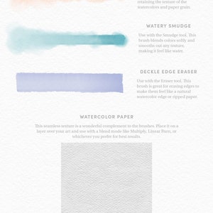 May include: A digital illustration of watercolor paper textures. The image shows three different watercolor washes: a light orange, a light blue, and a light purple. The image also shows a white textured paper background. The text "TEXTURED PAPER SMUDGE", "WATERY SMUDGE", "DECKLE EDGE ERASER", and "WATERCOLOR PAPER" is included in the image.