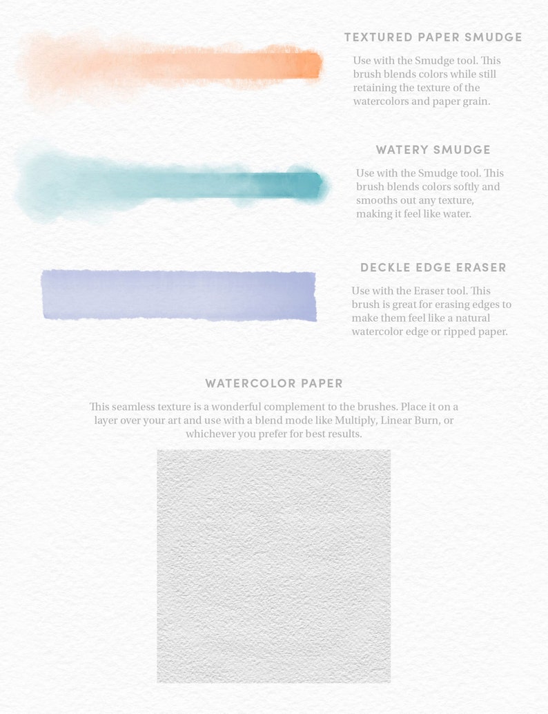 May include: A digital illustration of watercolor paper textures. The image shows three different watercolor washes: a light orange, a light blue, and a light purple. The image also shows a white textured paper background. The text "TEXTURED PAPER SMUDGE", "WATERY SMUDGE", "DECKLE EDGE ERASER", and "WATERCOLOR PAPER" is included in the image.