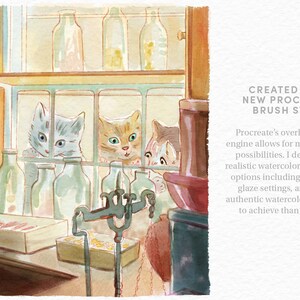 May include: Three kittens peek through a window, looking curious. The kittens are white, orange, and gray. The window is behind a shelf with glass jars and a box of matches. The text "CREATED IN THE NEW PROCREATE 5 BRUSH STUDIO" is on the right side of the image.