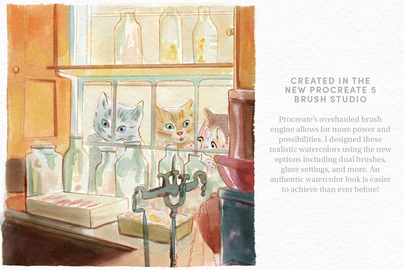 May include: Three kittens peek through a window, looking curious. The kittens are white, orange, and gray. The window is behind a shelf with glass jars and a box of matches. The text "CREATED IN THE NEW PROCREATE 5 BRUSH STUDIO" is on the right side of the image.
