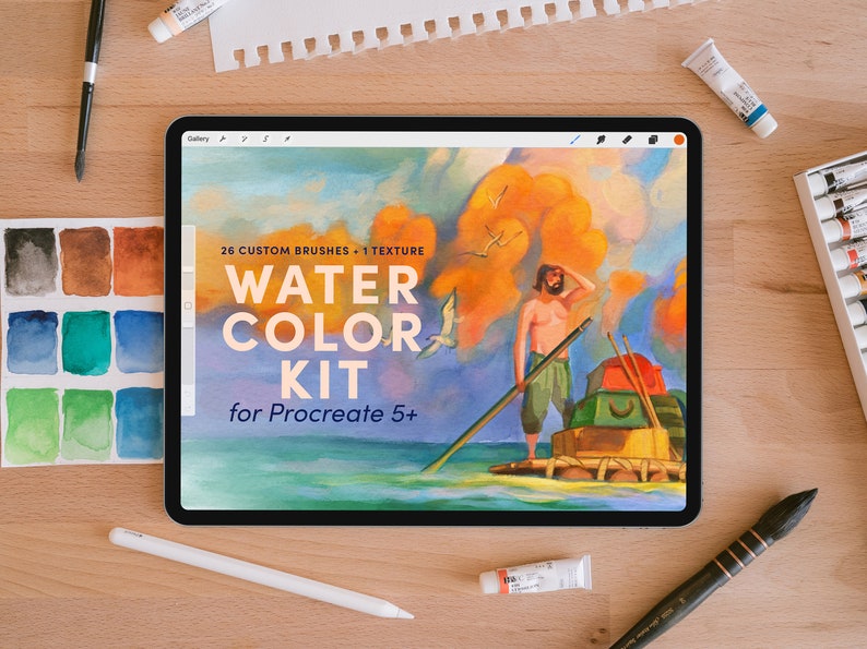May include: A digital tablet screen displaying a watercolor kit for Procreate 5+ with 26 custom brushes and 1 texture. The image shows a man standing on a raft in the ocean with a bright orange sky and seagulls flying overhead.