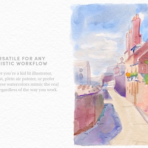 May include: Watercolor painting of a narrow street in a European city. The buildings are painted in shades of pink and purple, with a blue sky above. The street is empty, with a few trees and plants growing along the sides.