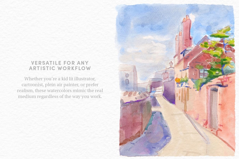 May include: Watercolor painting of a narrow street in a European city. The buildings are painted in shades of pink and purple, with a blue sky above. The street is empty, with a few trees and plants growing along the sides.