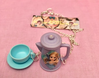 Vintage Doll Charm, Barbie Core, Accessories Themed Necklace, Barbie Coffee Pot & Teacup.