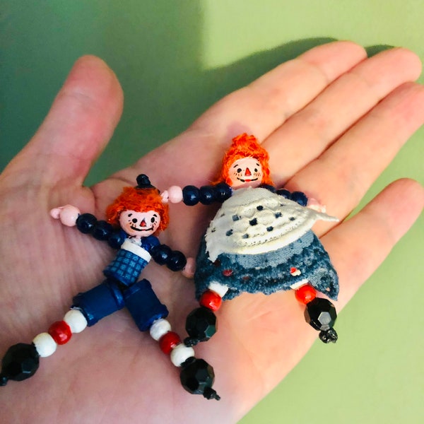 1.12th Scale Raggedy Ann & Andy, Tiny Beaded Dolls 2" High