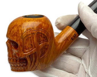 Briar wood skull tobacco pipe hand carved - Churchwarden long stem pipes - Custom smoking pipes - Artisan pipe KAFpipe Ukrainian handmade