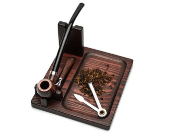 Tobacco Pipe Stand for One Smoking Bowl - Pipe Rack with Slot for Tamper and Tobacco Tray - Churchwarden Pipe Stand Handmade