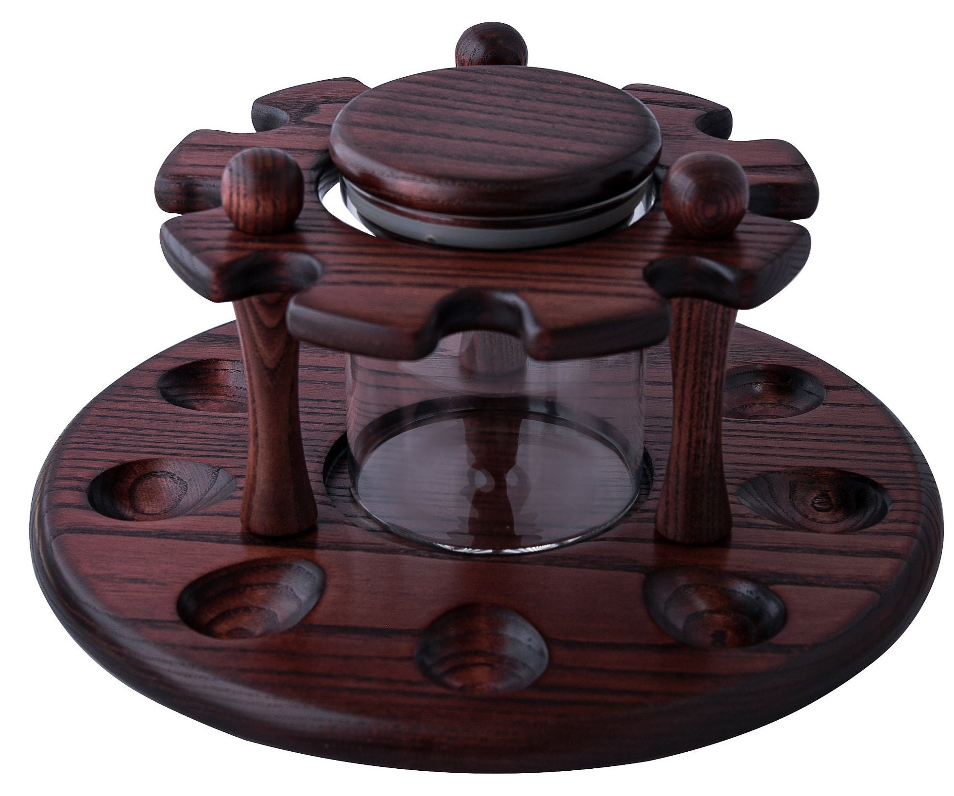 Original Pipe Stand With Glass Jar for Tobacco Storage - Wooden Pipe Rack  Old Fashioned Style for Holding 9 Smoking Pipe With Humidor