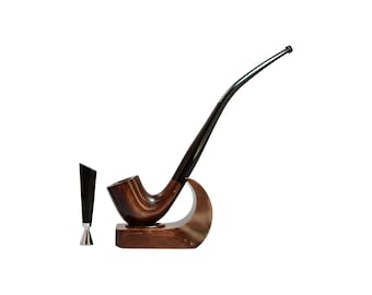 Smoking tobacco wooden long stem pipe - churchwarden lotr pipe - set with stand for pipe and tamper
