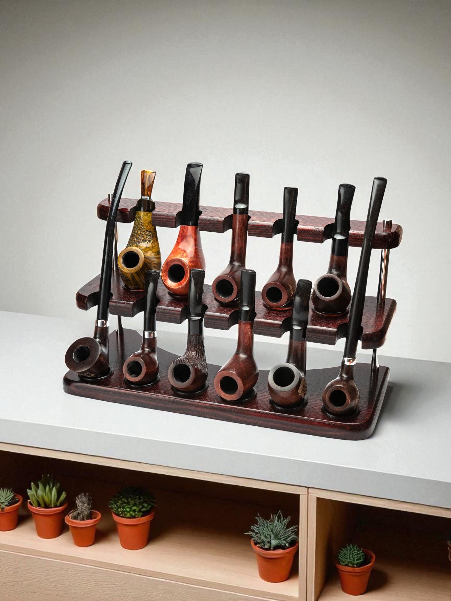 Tobacco Pipe Stand for 11 Smoking Pipes - Wooden Pipe Rack 2 Levels  Designed Handmade From Ash Tree Wood by Kafpipe - Best Gift for Smoker