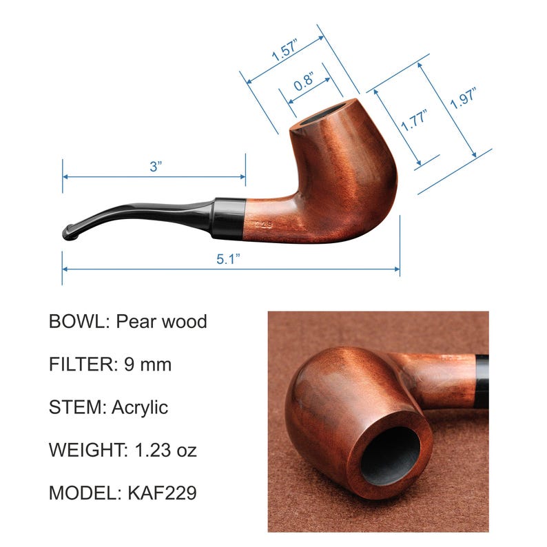 May include: A brown pear wood tobacco pipe with a black acrylic stem. The pipe is 5.1 inches long, with a bowl that is 1.57 inches wide and 1.97 inches tall. The bowl is 3 inches deep. The pipe weighs 1.23 oz. Model KAF229.