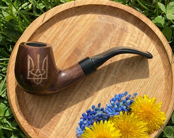 Ukrainian Trident Engraved Tobacco Pipe  - Smoking Pipe with Tryzub Coat of arms of Ukraine Symbol of freedom and dignity - Support Ukraine