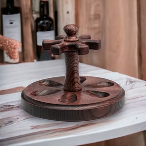Rotating Pipe Stand Round Shape - Wooden Pipe Rack Holder for 6 Tobacco Bowls Handmade of Ash Tree Wood by KAF - Christmas Smokers Gift