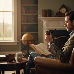 May include: A man in a tweed jacket and jeans sits in a leather armchair, reading a book and smoking a pipe. A cup of coffee and a small leather pouch sit on a nearby table. A globe and a fireplace are in the background.