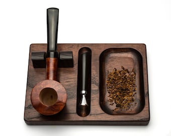 LIMITED New Pipe Stand for 1 Smoking Bowl with Slot for Tamper, Tobacco Tray - Wooden holder display for storage one pipe - Gift for Smoker